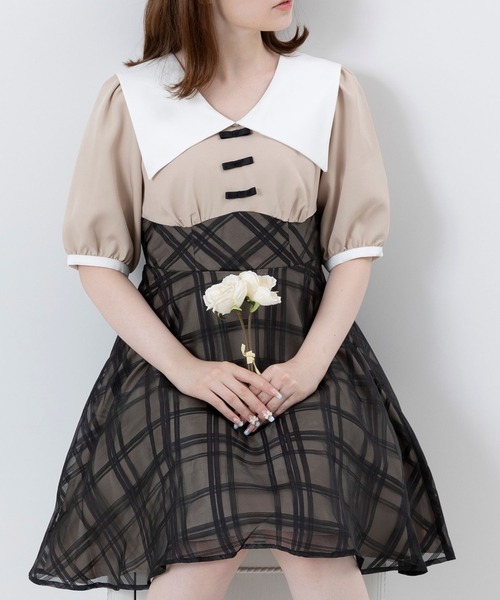 DearMyLoveRose(ディアマイラブローズ)の「シアーチェック柄ドッキングオトナセーラーワンピース(ワンピース・レディース・ベビーピンク/ピンク系その他/ベージュ系その他/ベージュ・MEDIUM/XX-LARGE/X-LARGE/LARGE)」の6枚目の写真