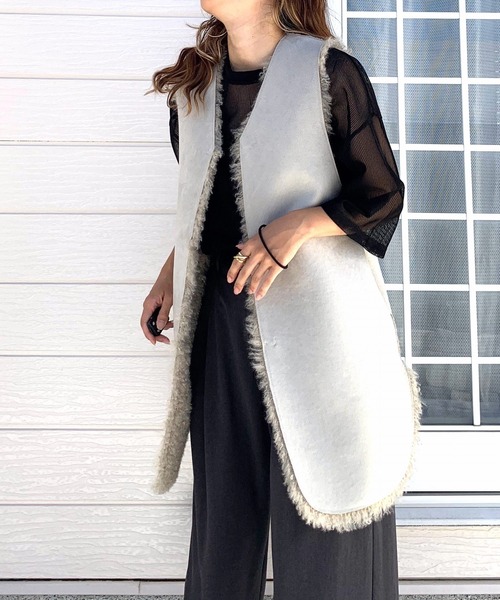 Q（キュー）の「リバー プードルファーベスト（ベスト・レディース・ベージュ/ダークブラウン・MEDIUM）」の20枚目の写真