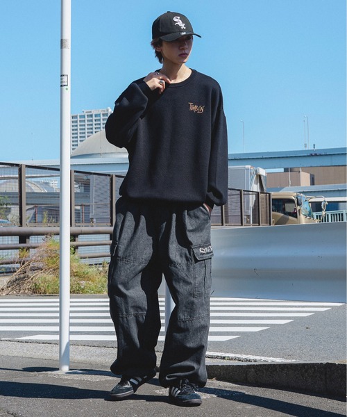 ダブル カーゴ ジャンボ スウェット パンツ ウォッシュド ブラック ウォッシュ加工 ライン スウェット カーゴパンツ（カーゴパンツ