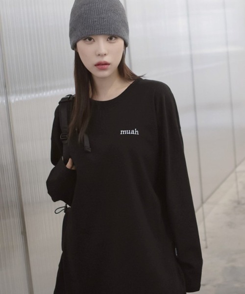 muahmuah(ムーアムーア)の「A'GEM/9 × .kom『muah muah/ムーアムーア』STITCH LOGO LONG SLEEVE T-SHIRT/ステッチロゴ 長袖Tシャツ(Tシャツ/カットソー・レディース・ホワイト/ブラック・FREE)」の12枚目の写真