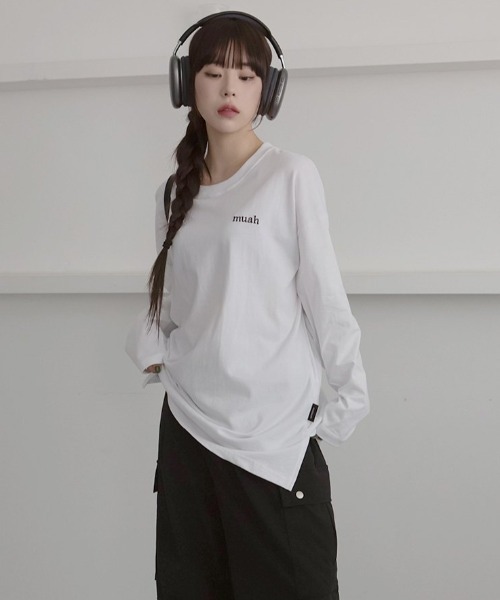 tシャツ A'GEM/9 × .kom 「muah muah/ムーアムーア」 LOGO STRIPE CROP LONG SLEEVE/ロゴ ステッチ A'GEM/9 × .kom『muah muah/ムーアムーア』STITCH LOGO CROP