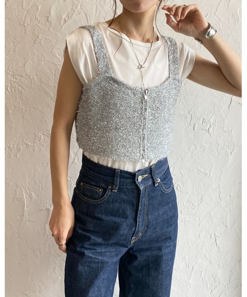 She's Closet(シーズクローゼット)の「ダブルジップアップショート丈グリッターラメシャギーニットビスチェベスト(ベスト・レディース・ゴールド/シルバー/ブラック/アイボリー・FREE)」の12枚目の写真