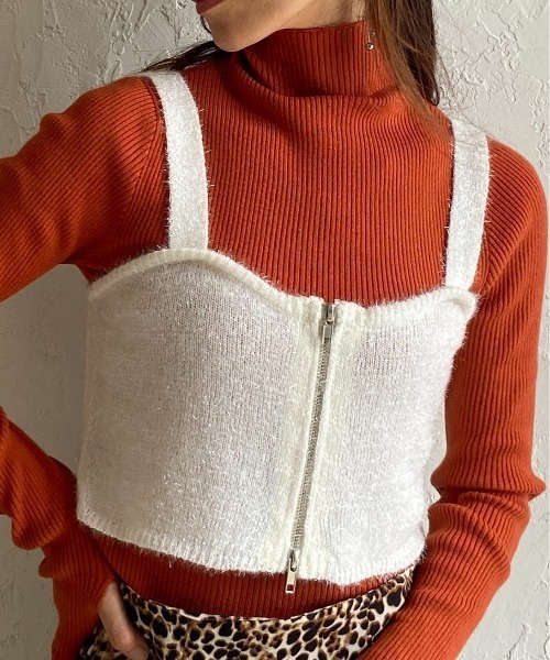 セール】ダブルジップアップショート丈グリッターラメシャギーニット