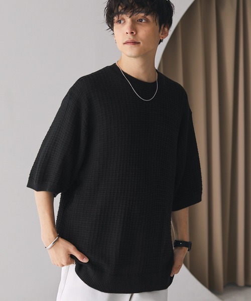 MONO-MART（モノマート）の「ジャガードメッシュニットルーズ半袖プルオーバー（ニット/セーター・メンズ・ブルー系/ダークネイビー/チャコール/スモークピンク/ライトグレー/ブラック/ブラウン/ベージュ/ライトブルー・M/L）」の14枚目の写真