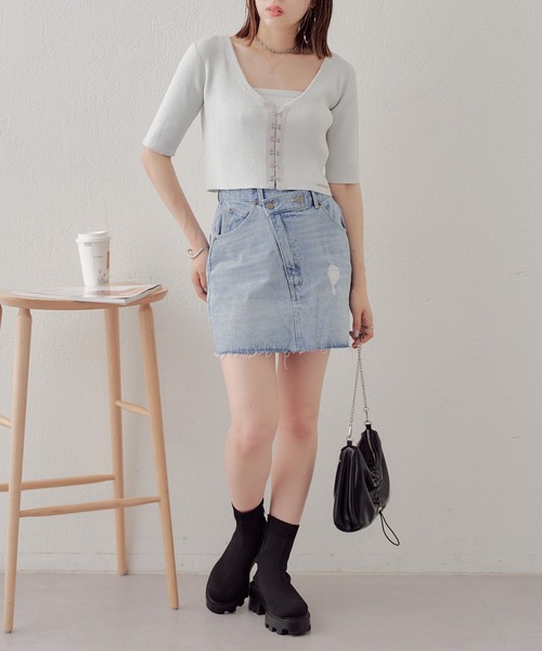 [新品] デニムミニスカート セール】【2サイズ展開】アシメダメージデニムミニスカート