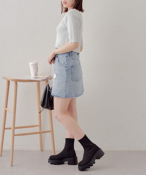 セール】【2サイズ展開】アシメダメージデニムミニスカート