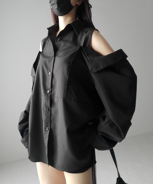 3color 】オープンショルダーカットアウトビッグシャツ ／ open