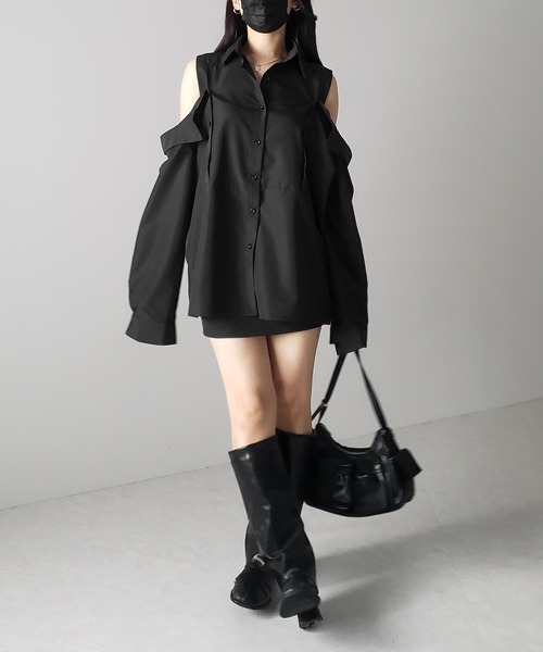 ブラウス シャツ 「 ３color  」オープンショルダーカットアウトビッグシャツ ／ open shoulder cutout  big shirt 3color 】オープンショルダーカットアウトビッグシャツ ／ open