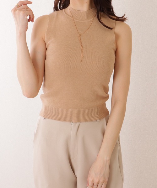 セール】ソリッドカラー プチハイネック ノースリーブ ニット プル