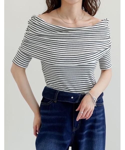 セール】2WAYリブカットソー五分袖オフショルトップス（Tシャツ