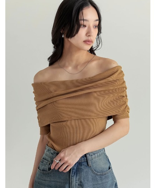 2WAYリブカットソー五分袖オフショルトップス（Tシャツ