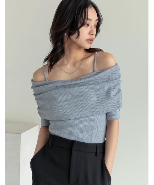 セール】2WAYリブカットソー五分袖オフショルトップス（Tシャツ
