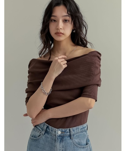 2WAYリブカットソー五分袖オフショルトップス（Tシャツ