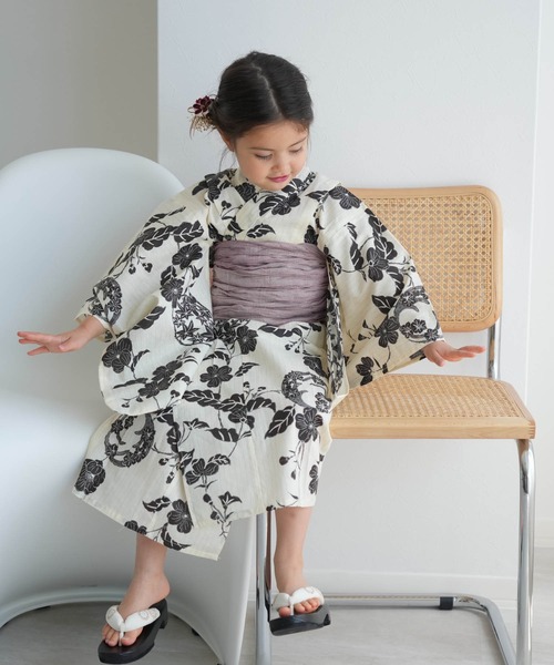 セール】キッズ浴衣3点セット utatane レトロベージュに焦げ茶の