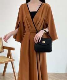 フレアスリーブスリット配色パイピングカシュクールワンピース