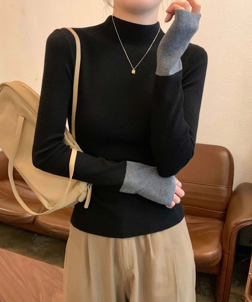 Girly Doll(ガーリードール)の「ボトルネックバイカラー袖ニット(ニット/セーター・レディース・ブラック/ベージュ・F)」の6枚目の写真