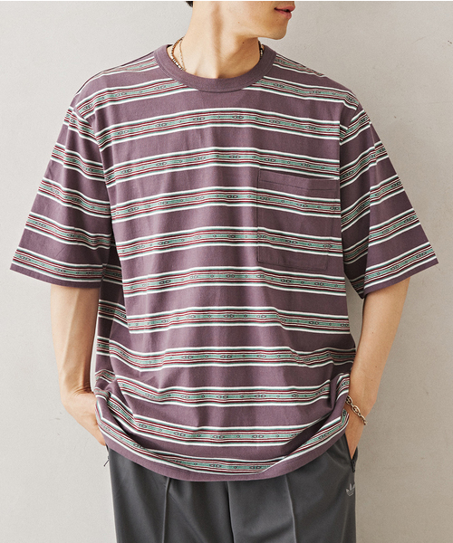 JOURNAL STANDARD relume（ジャーナルスタンダード　レリューム）の「Relume Jeans ジャガード ボーダーTシャツ（Tシャツ/カットソー・メンズ・モスグリーン/パープル/カーキ・MEDIUM/LARGE）」の3枚目の写真