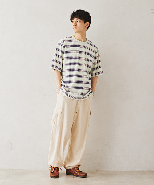 JOURNAL STANDARD relume（ジャーナルスタンダード　レリューム）の「Relume Jeans ジャガード ボーダーTシャツ（Tシャツ/カットソー・メンズ・モスグリーン/パープル/カーキ・MEDIUM/LARGE）」の4枚目の写真