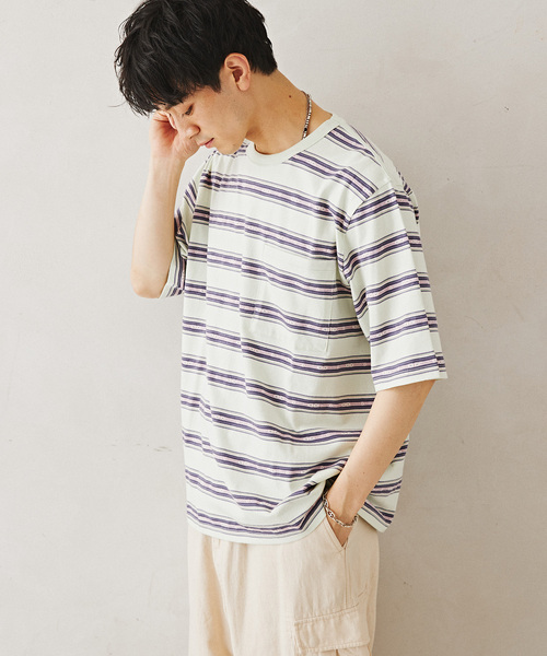 JOURNAL STANDARD relume（ジャーナルスタンダード　レリューム）の「Relume Jeans ジャガード ボーダーTシャツ（Tシャツ/カットソー・メンズ・モスグリーン/パープル/カーキ・MEDIUM/LARGE）」の16枚目の写真