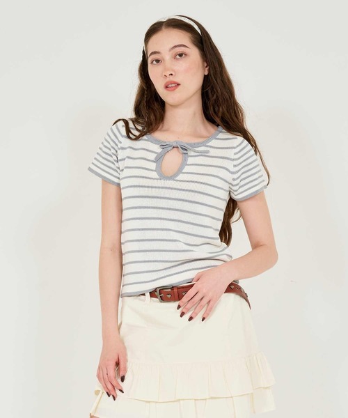 半袖 ボーダーニットプルオーバー TINA：JOJUN（Tシャツ