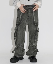 MSG（エムエスジー）の「ケミカルオーバーダイ/ウォッシュ加工スターチャームワイドZIPカーゴデニムパンツ（デニムパンツ）」