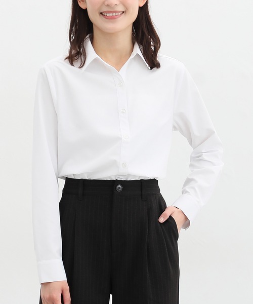 Honeys(ハニーズ)の「織柄スキッパーシャツ(ビジネスシャツ・レディース・グレイッシュベージュ/ミント/ネイビー/ホワイト/ピンク/サックスブルー・M/S/3L/LL/L)」の1枚目の写真