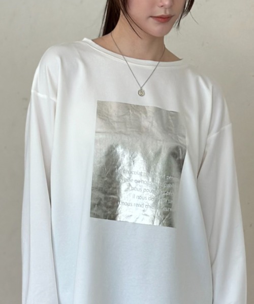 Per sist ence(パーシエンス)の「天竺箔プリントロンT(Tシャツ/カットソー・レディース・チャコールグレー/オフホワイト/ホワイト×グリーン・FREE)」の5枚目の写真