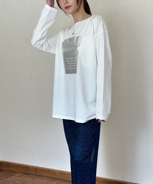 Per sist ence(パーシエンス)の「天竺箔プリントロンT(Tシャツ/カットソー・レディース・チャコールグレー/オフホワイト/ホワイト×グリーン・FREE)」の6枚目の写真