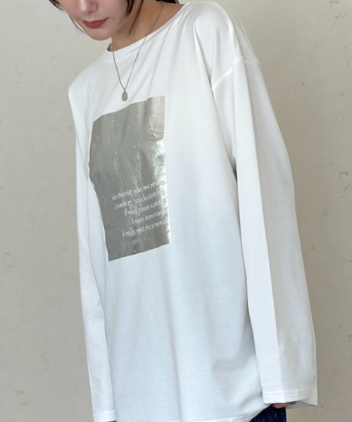 Per sist ence(パーシエンス)の「天竺箔プリントロンT(Tシャツ/カットソー・レディース・チャコールグレー/オフホワイト/ホワイト×グリーン・FREE)」の8枚目の写真