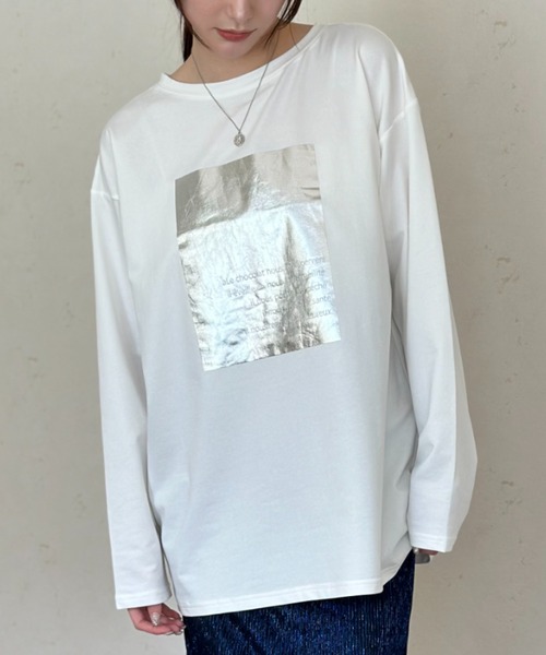 Per sist ence(パーシエンス)の「天竺箔プリントロンT(Tシャツ/カットソー・レディース・チャコールグレー/オフホワイト/ホワイト×グリーン・FREE)」の9枚目の写真