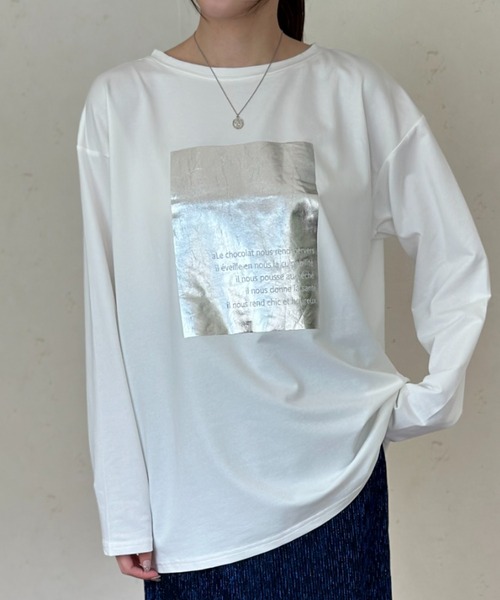 Per sist ence(パーシエンス)の「天竺箔プリントロンT(Tシャツ/カットソー・レディース・チャコールグレー/オフホワイト/ホワイト×グリーン・FREE)」の10枚目の写真