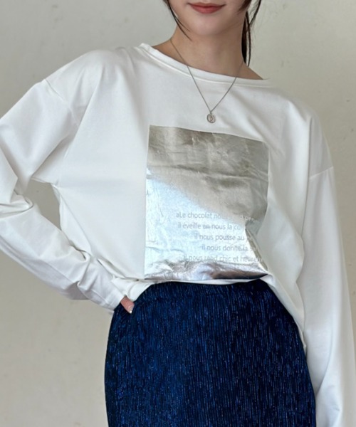 Per sist ence(パーシエンス)の「天竺箔プリントロンT(Tシャツ/カットソー・レディース・チャコールグレー/オフホワイト/ホワイト×グリーン・FREE)」の18枚目の写真