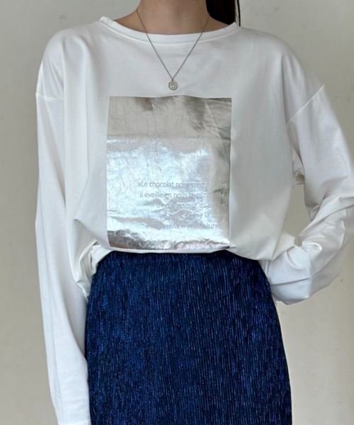 Per sist ence(パーシエンス)の「天竺箔プリントロンT(Tシャツ/カットソー・レディース・チャコールグレー/オフホワイト/ホワイト×グリーン・FREE)」の21枚目の写真
