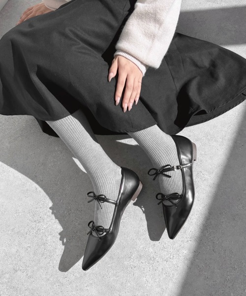 【セール】ポインテッドトゥ ダブルリボン フラットシューズ（パンプス）｜MAMIAN（マミアン）