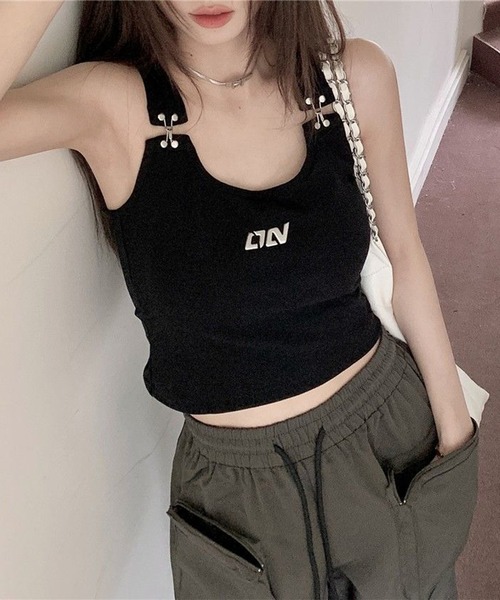 セール】ソリッドカラー サスペンダー風 コンパクト ラウンド タンク