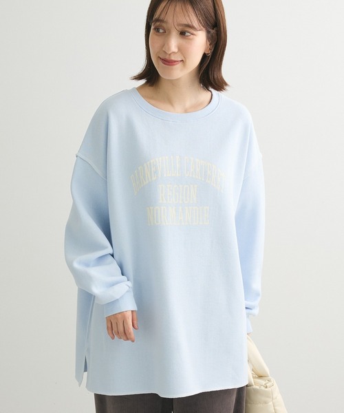 Green Parks(グリーンパークス)の「裏起毛配色ステッチロゴチュニック(スウェット・レディース・ライトブルー/ホワイト系その他/ダークグレー・FREE)」の3枚目の写真