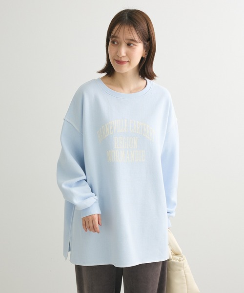 Green Parks(グリーンパークス)の「裏起毛配色ステッチロゴチュニック(スウェット・レディース・ライトブルー/ホワイト系その他/ダークグレー・FREE)」の5枚目の写真