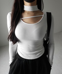 【 3color / 裏起毛 】チョーカーナナメストラップシャーリングトップス / choker naname strap shirring tops