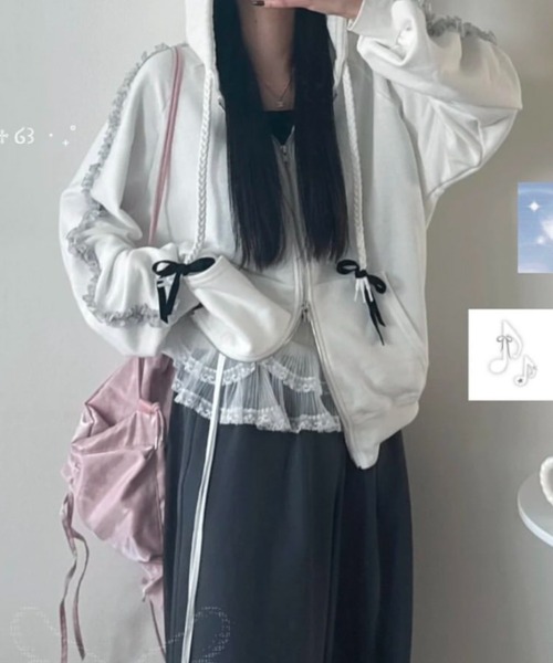 nemne store（ネンネストア）の「【seoup】レースジップフーディ（パーカー・レディース・杢グレー/ブラック系/ホワイト系・MEDIUM/SMALL）」の3枚目の写真