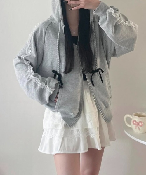 nemne store（ネンネストア）の「【seoup】レースジップフーディ（パーカー・レディース・杢グレー/ブラック系/ホワイト系・MEDIUM/SMALL）」の2枚目の写真