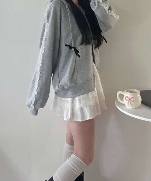 nemne store（ネンネストア）の「【seoup】レースジップフーディ（パーカー・レディース・杢グレー/ブラック系/ホワイト系・MEDIUM/SMALL）」の8枚目の写真