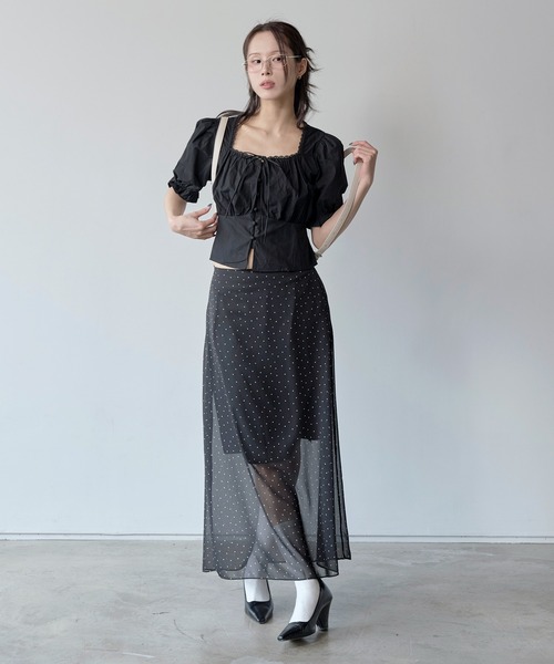 Cereal 透けスカート ワンピース 黒 オーガンジー モードフェミニン 韓国 インナースカート付き】ウエストゴムシースルーシフォンドットロング