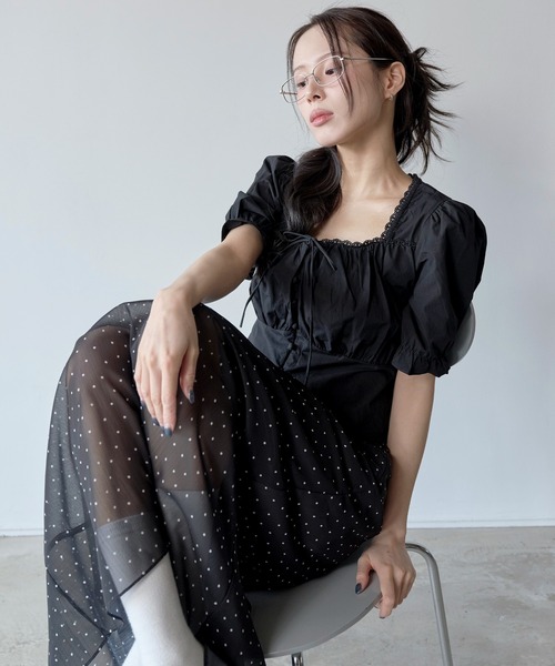 UNE MANSION（ユヌマンション）の「【インナースカート付き】ウエストゴムシースルーシフォンドットロングペチスカート（スカート・レディース・ブラック/アイボリー・FREE）」の10枚目の写真