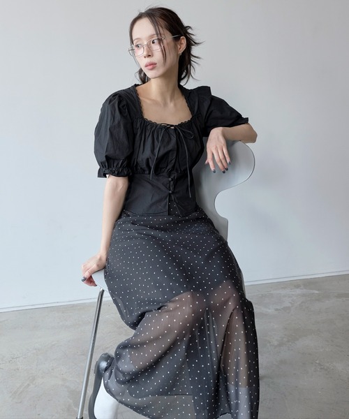 UNE MANSION（ユヌマンション）の「【インナースカート付き】ウエストゴムシースルーシフォンドットロングペチスカート（スカート・レディース・ブラック/アイボリー・FREE）」の8枚目の写真