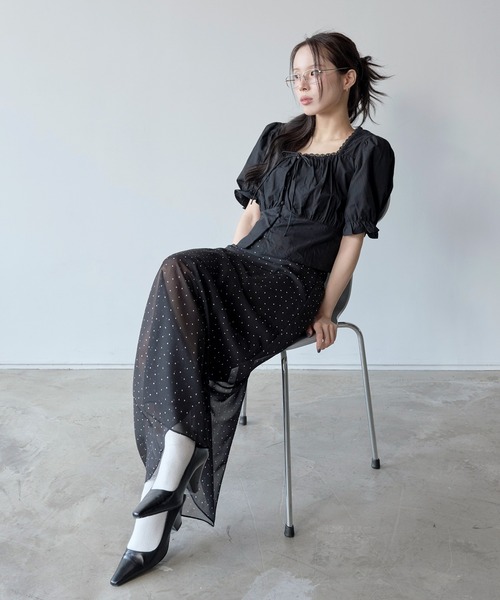 UNE MANSION（ユヌマンション）の「【インナースカート付き】ウエストゴムシースルーシフォンドットロングペチスカート（スカート・レディース・ブラック/アイボリー・FREE）」の9枚目の写真