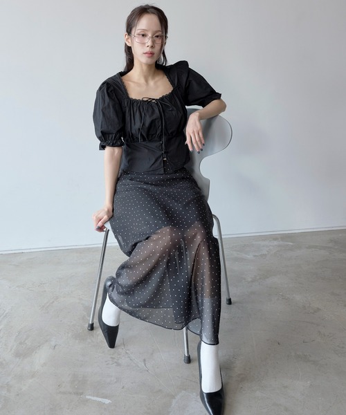 UNE MANSION（ユヌマンション）の「【インナースカート付き】ウエストゴムシースルーシフォンドットロングペチスカート（スカート・レディース・ブラック/アイボリー・FREE）」の7枚目の写真