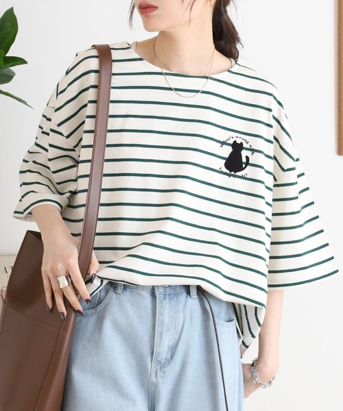 Arinomama(アリノママ)の「猫シルエットボーダーT(Tシャツ/カットソー・レディース・チャコールグレー/グリーン系その他/レッド系その他/イエロー系その他・FREE)」の3枚目の写真