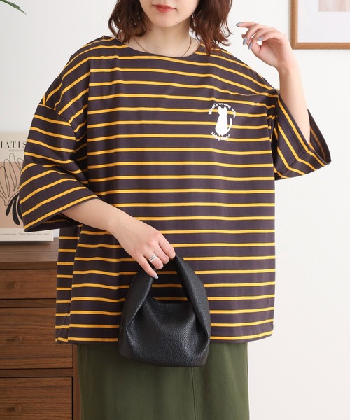Arinomama(アリノママ)の「猫シルエットボーダーT(Tシャツ/カットソー・レディース・チャコールグレー/グリーン系その他/レッド系その他/イエロー系その他・FREE)」の4枚目の写真