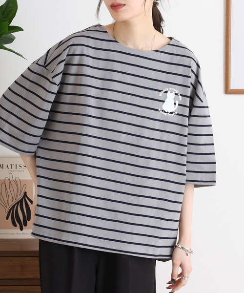 Arinomama(アリノママ)の「猫シルエットボーダーT(Tシャツ/カットソー・レディース・チャコールグレー/グリーン系その他/レッド系その他/イエロー系その他・FREE)」の2枚目の写真