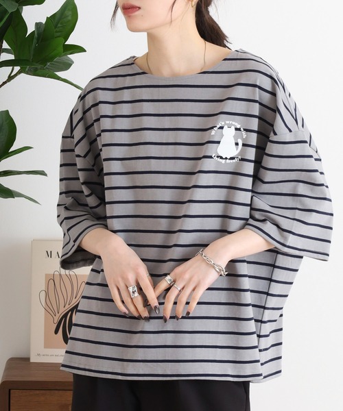 Arinomama(アリノママ)の「猫シルエットボーダーT(Tシャツ/カットソー・レディース・チャコールグレー/グリーン系その他/レッド系その他/イエロー系その他・FREE)」の6枚目の写真